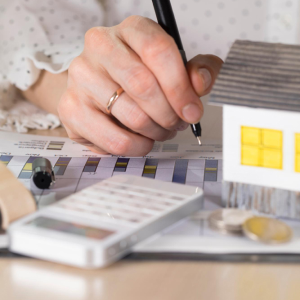 Analyse financière d’un projet immobilier avec documents budgétaires et maquette de maison